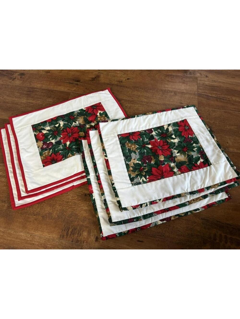 Set of 6 Christmas Poinsettia Quilted Placemats